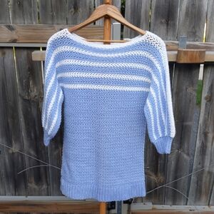 Blue and White Crew Neck Sweater with Stripes